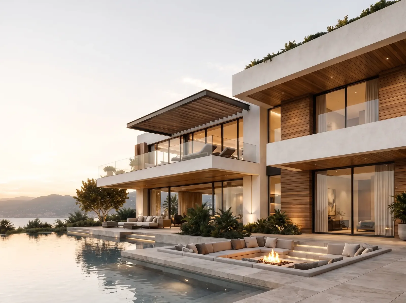 Deniz manzaralı lüks villa; sonsuzluk havuzu ve gün batımında sıcak ahşap cephe